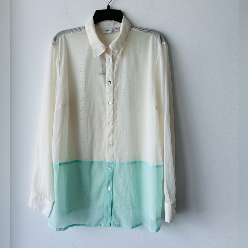 VTG Jaclyn Smith Button Up Blouse Sheer Chiffon Ivory Blue Women XL Boho Art